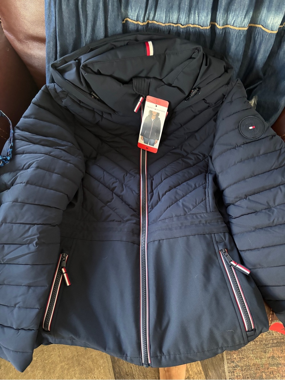 Tommy Hilfiger Navy Hooded Quilted Puffer Jacket with Signature Trim